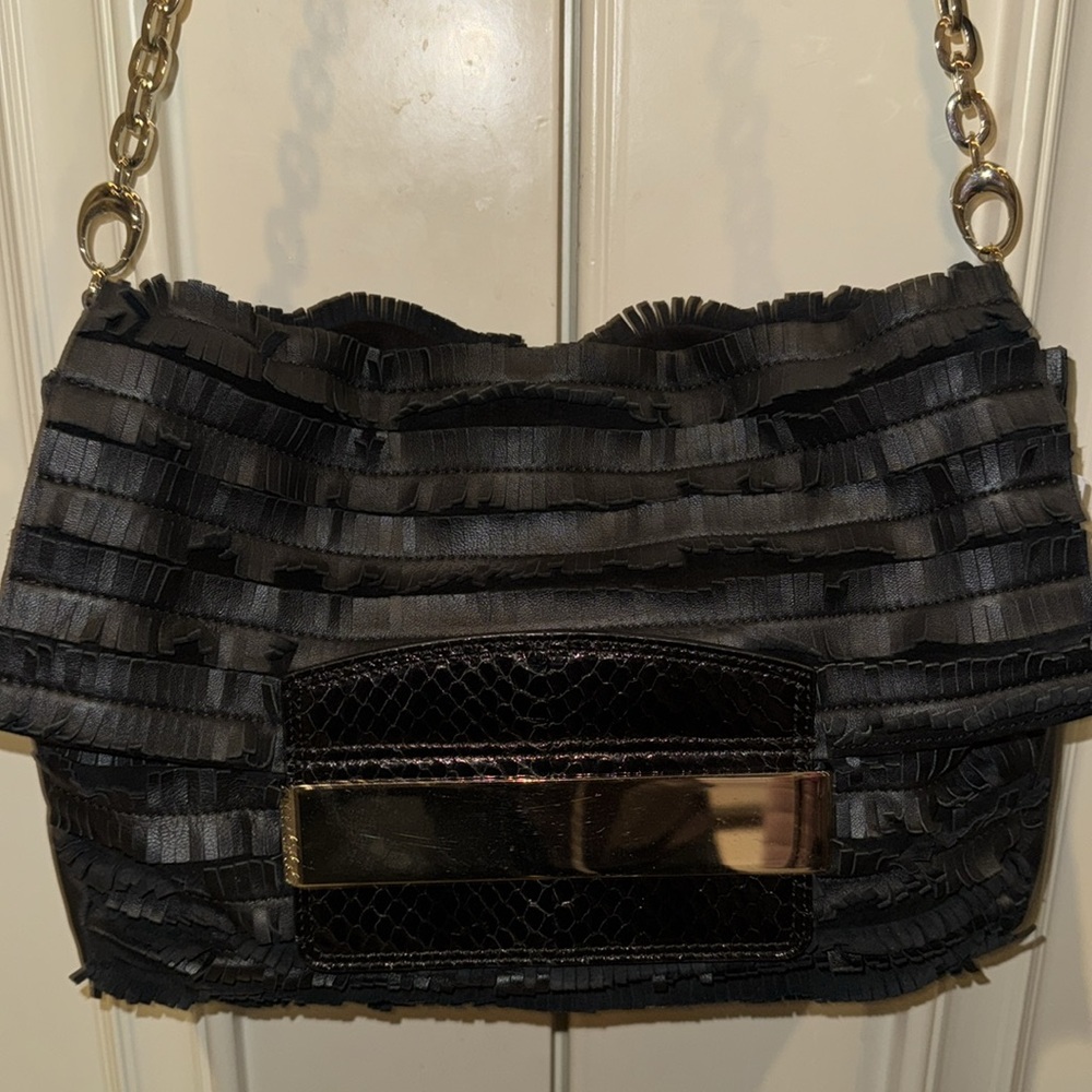 JIMMY CHOO BLACK LEATHER WITH LARGE PYTHON ACCENT ON FRONT FLAP AUTHENTIC